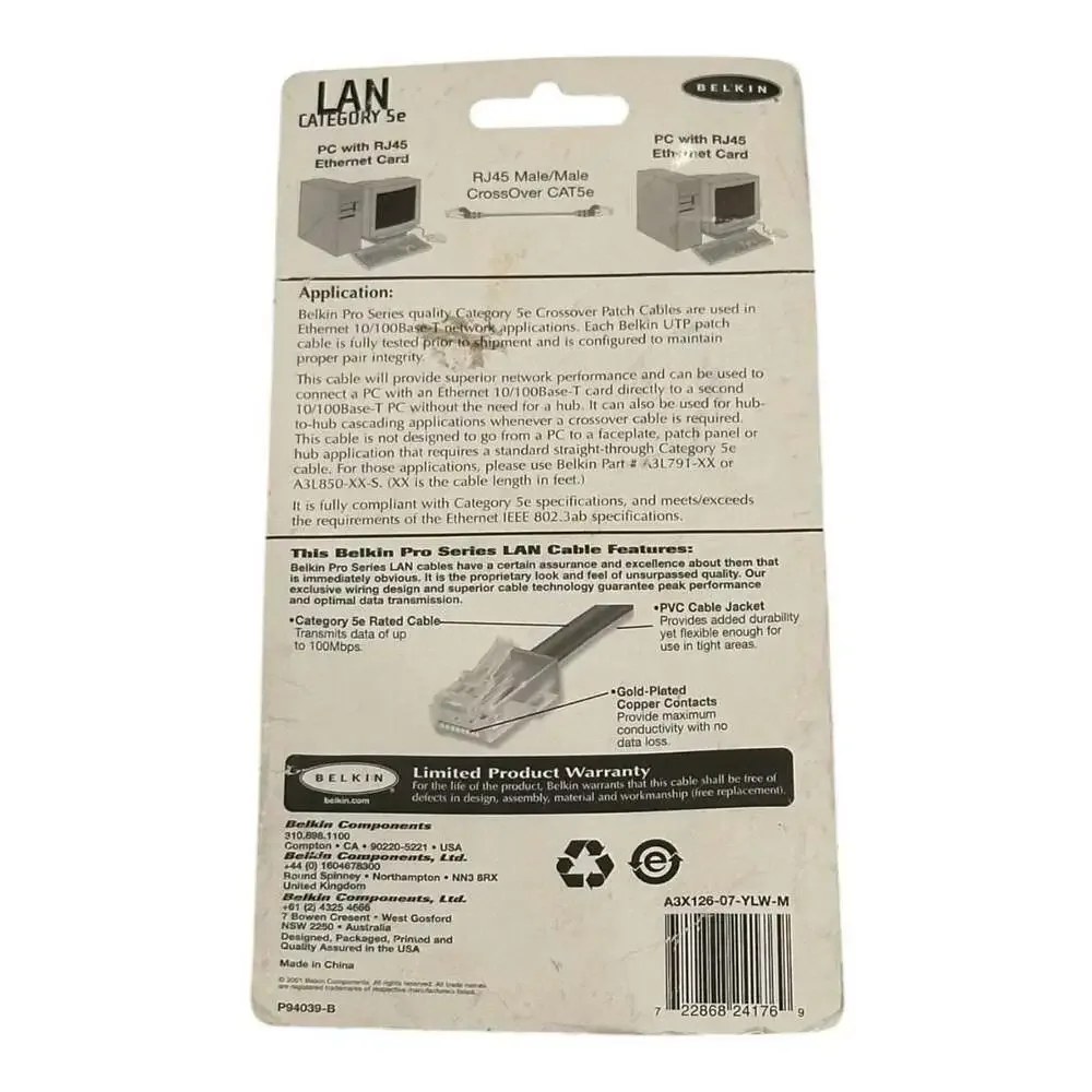Belkin CAT 5e Crossover Patch Cable 7ft/2.1m RJ45 Male/Male Yellow
